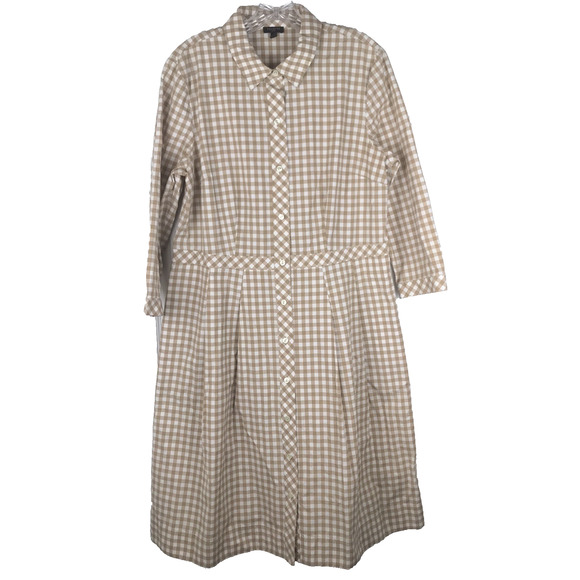 Talbots Gingham Shirt Dress 3/4 Sleeve Button Front Cotton Tan White Pockets 16P - Picture 1 of 12